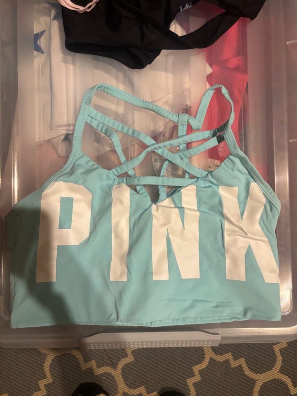 PINK Victoria's Secret Light Blue Strappy Sports Bra with White Logo